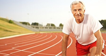 Obraz premium Senior man on running track. Sport, competition, healthy lifestyle concept
