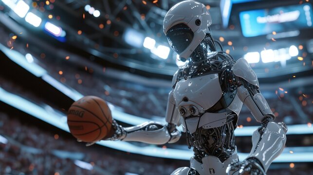 A robot competes in a basketball match on a stadium pitch filled with supporters.