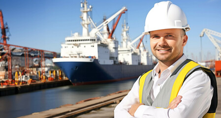 Portrait of a smiling male worker with arms crossed standing in port