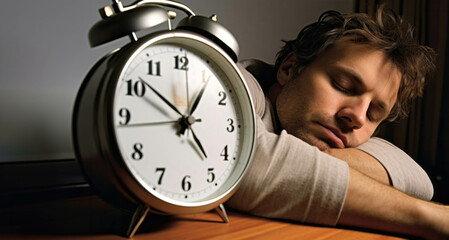 Man sleeping with alarm clock in the morning. Close-up.