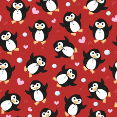 Pattern penguin, hearts, snowballs. Valentine's Day, love. Antarctic animal, polar bird. World Penguin Day. Vector seamless background.