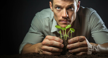 Young man with green seedling in soil on black background. Ecology concept