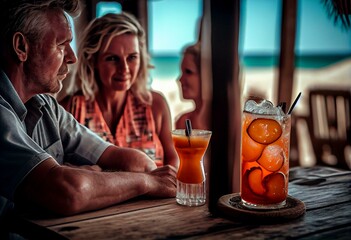 Friends sit at table in seaside bar and drink beach cocktail. Generative AI