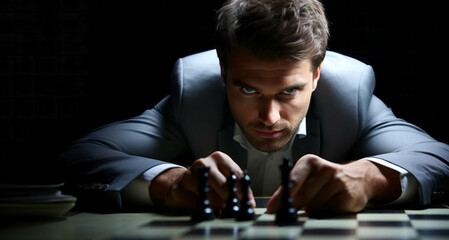 "Businessman playing chess on dark background