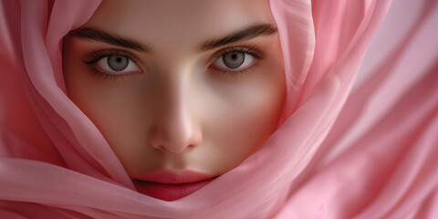 Close up of a muslim woman with flowing hijab focusing in eyes. Ramadan creative background