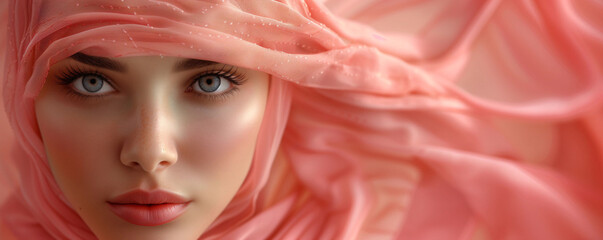 Close up of a muslim woman with flowing hijab focusing in eyes. Ramadan creative background