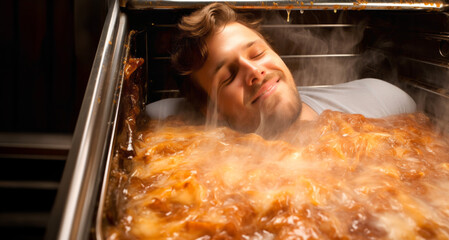Young man taking a deep-fried chicken from the oven at home