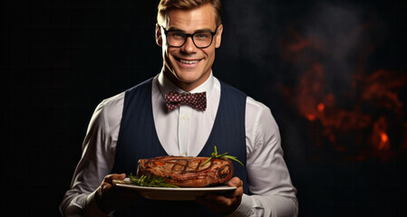 Portrait of a smiling young waiter holding a plate of roasted meat