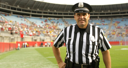 Obraz premium Referee on the field of a soccer stadium. Focus on the policeman