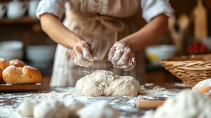 Obraz na płótnie Canvas Woman is in the kitchen making pizza dough or bread dough.