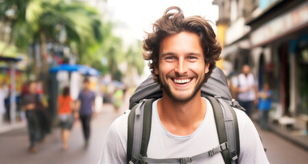Fototapeta premium Handsome young man with backpack walking in the city and smiling