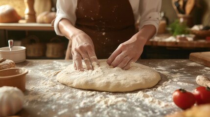 Woman is in the kitchen making pizza dough or bread dough. - obrazy, fototapety, plakaty
