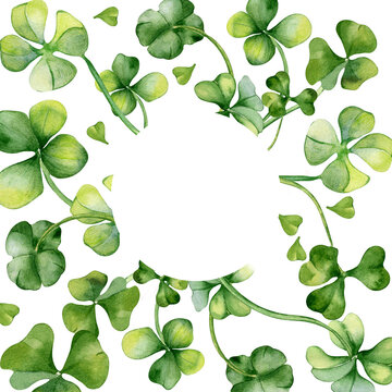 Circle frame with shamrock and clover watercolor illustration isolated on white background. Painted green four leaves. Hand drawn Celtic symbol. Design element for St.Patricks day postcard, package