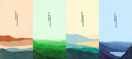 Vector illustration. Japanese linear wave pattern overlay. Mountain landscape background. Asian style. Design for flyer, voucher, coupon, gift card. Scratched old paper effect. Vintage retro design