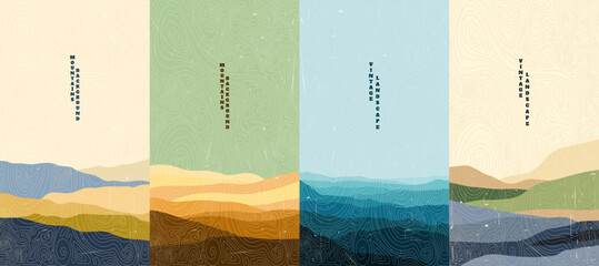 Vector illustration. Japanese linear wave pattern overlay. Mountain landscape background. Asian style. Design for flyer, voucher, coupon, gift card. Scratched old paper effect. Vintage retro design - obrazy, fototapety, plakaty