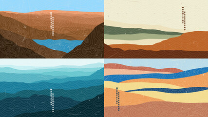 Vector illustration. Horizontal landscape. Japanese wave pattern. Mountain background. Asian style. Design for web banner, website template. Old paper with scratches. Vintage retro design
