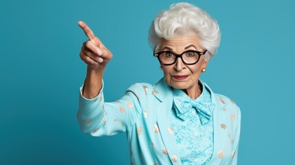 On a blue backdrop, a stylishly dressed elderly woman gestures with her fingers pointing upwards.