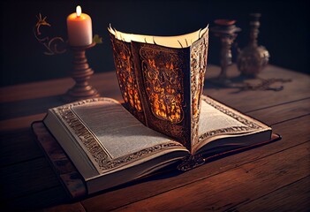Image of open antique book over wooden table. Generative AI