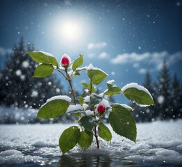 Winter landscape with snow-covered rose in the forest. Christmas background
