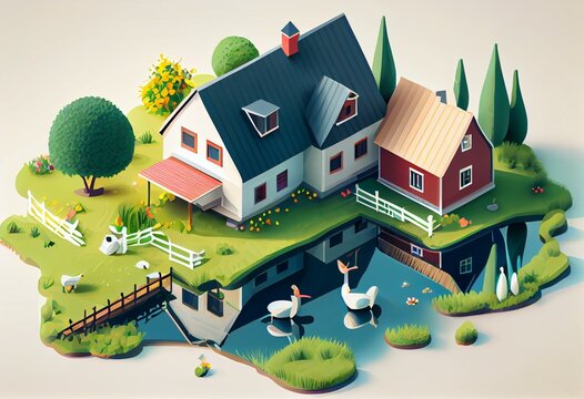 Eco-friendly farm with pond - modern flat design style illustration. Generative AI