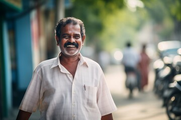 Fototapeta premium Indian man smiling happy face on city street