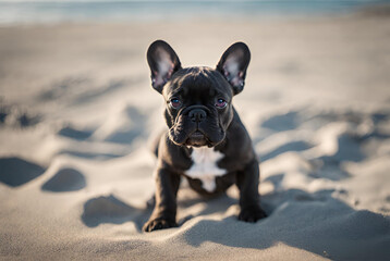 Filhote de Buldogue Francês sentado na praia.