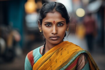 Fototapeta premium Indian woman serious face portrait on city street