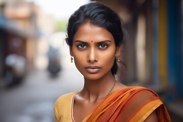 Indian woman serious face portrait on city street
