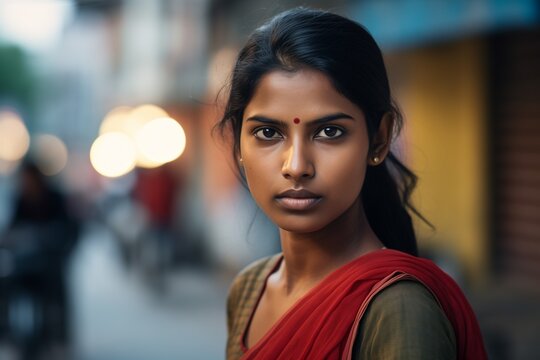 Indian woman serious face portrait on city street