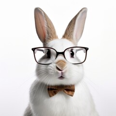 White rabbit wearing glasses and bow tie isolated on white background