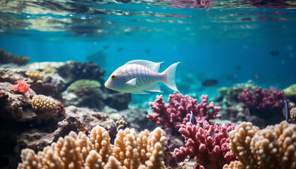 Underwater reef, fish, nature, animal, water, tropical climate, coral generated by AI
