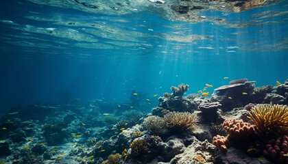 Underwater reef, fish swim in blue tropical climate water generated by AI