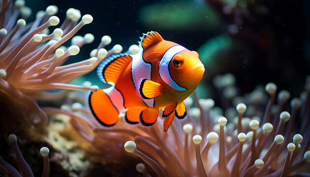 Vibrant clown fish swimming in colorful coral reef underwater generated by AI