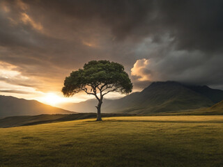 Fototapeta premium tree on the hill with sunset