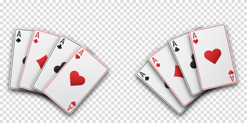 Fan of hand playing cards. Aces with the suit of hearts, clubs, diamonds and spades. Vetor illustration. Poker or casino concept. Transparent background.
