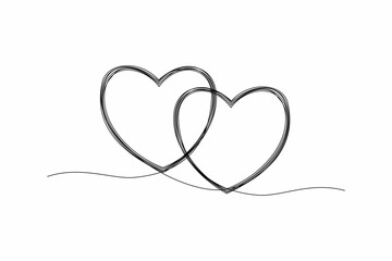 Artistic symbol of two linked hearts from one line hand drawing, on white background. Design element for wedding, valentine, card, love, couple, two heart. Rustic heart icon. 