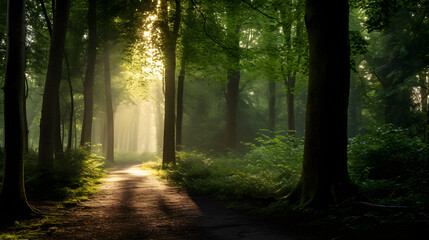 Enchanting Sunlit Forest Pathway - A Haven of Tranquillity and Natural Splendor