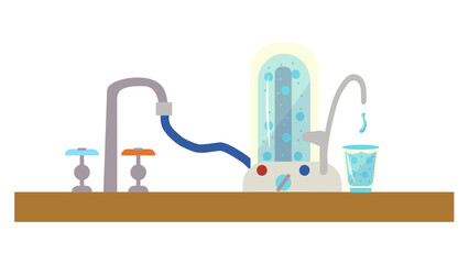 The water filter is connected to the tap. Cleaning of tap water with a table filter. Illustration of water purification at home, hand-drawn. Home infographics Object is isolated on a white background.