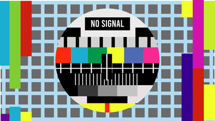 The TV screen has no signal, Technical difficulties, A screenshot of the screen with the inscription "no signal" the illustration is a template in a flat style.