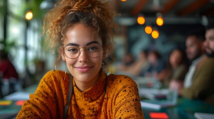 businesswoman in the foreground, with her coworkers meeting in a blurred background - obrazy, fototapety, plakaty