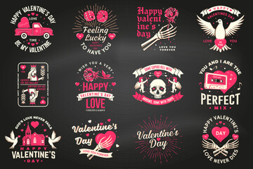 Set of vintage happy valentines day badge. Vector illustration. Template for Valentines Day greeting card, banner, poster, flyer with cupid holding bow, arrow, skeleton hand, rose and heart - obrazy, fototapety, plakaty