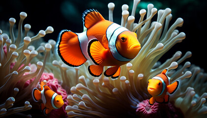 Fototapeta na wymiar Clown fish swimming in vibrant reef, showcasing nature beauty generated by AI