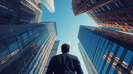 Businessman from behind, looking up at towering skyscrapers against a blue sky with clouds.
