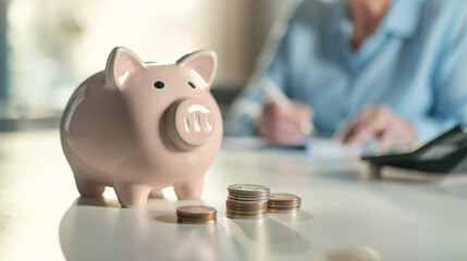 ?eramic piggy bank on a desk with a blurred background featuring a person and office equipment.