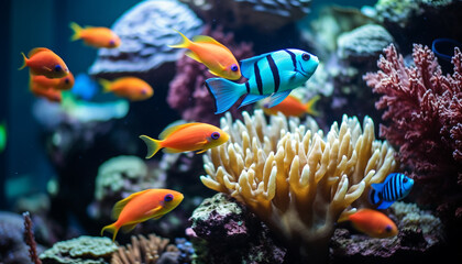 Naklejka na ściany i meble The colorful clown fish swim below the underwater reef generated by AI