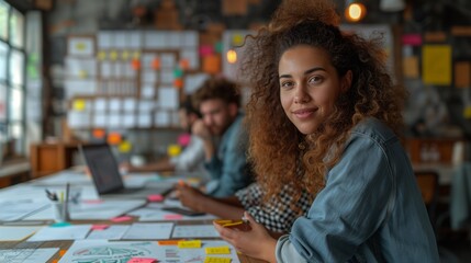 Fototapeta premium businesswoman in the foreground, with her coworkers meeting in a blurred background