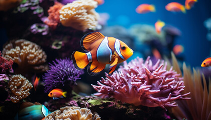 Fototapeta na wymiar Vibrant clown fish swimming in colorful coral reef generated by AI