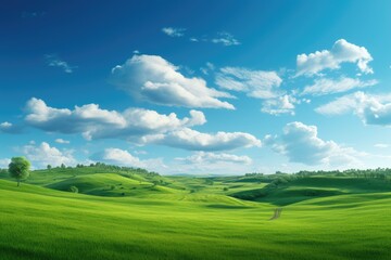 Fototapeta premium Natural scenic panorama Greenfield, Panoramic view of green meadow and blue sky with clouds, Ai generated