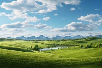 Fototapeta premium Natural scenic panorama Greenfield, Panoramic view of green meadow and blue sky with clouds, Ai generated