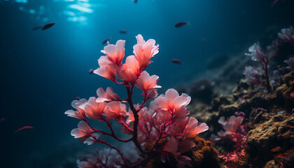 Fototapeta na wymiar Underwater beauty fish swim in vibrant, multi colored coral reef generated by AI